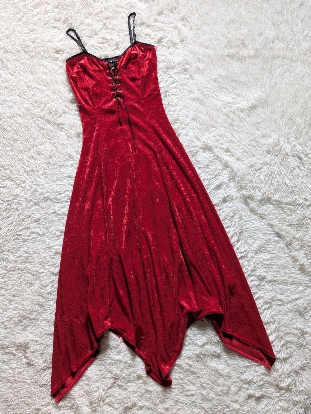 90s Morbid Threads Red Velvet Lace Up Corset Bust Handkerchief Dress Medium